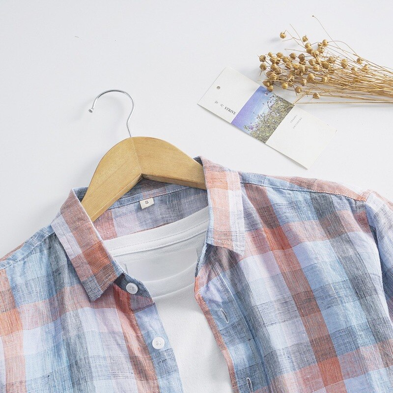 Männer Sommer Hemden 100% Flachs Plaid lässig Herren Kurzarm T Shirt Herren Kleidung Herbst Männlichen oben leinen Hemd