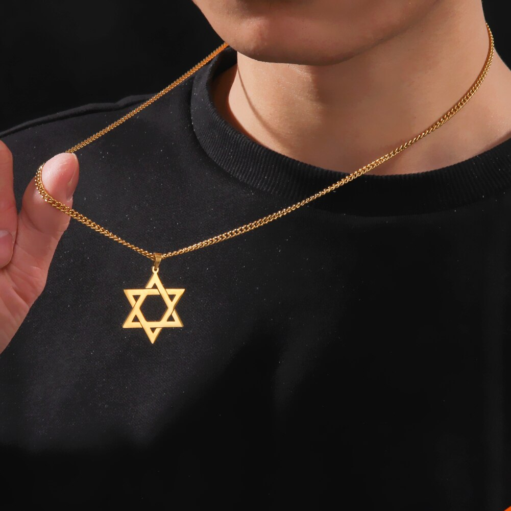 Men Women Trendy Magen David Star Pendant Necklace Israel Jewish Stainless Steel Chain Star of David Cross Charm Choker Jewelry