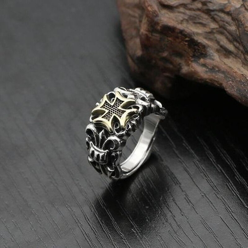 S925 Silver Overheersend Overdreven Crown Earl Cross Retro Mannen Hipster Open Verstelbare Ring