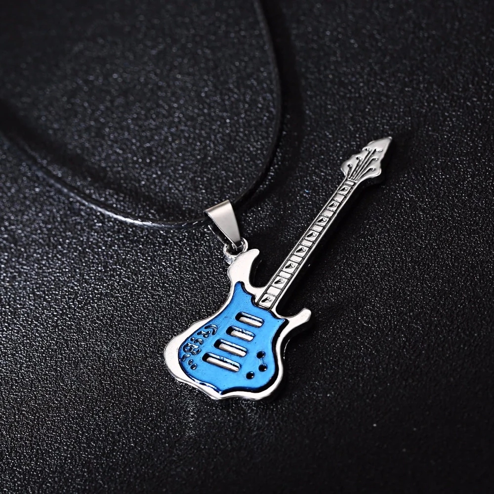 Rinhoo Trendy Leather Chain Guitar Necklace For Men Punk Rock Music Jewelry Stainless Steel Pendant Necklace