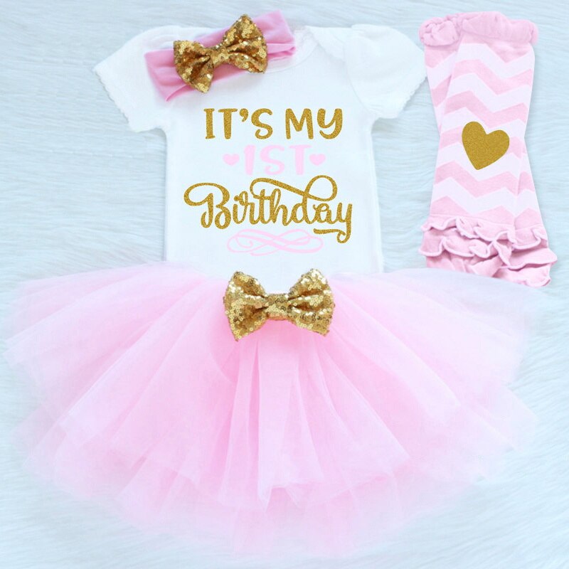 Baby kjole til piger 4 stk tøj pandebånd + romper toppe + mini kjole + strømper sød stil 1 års fødselsdag til småbørn: F
