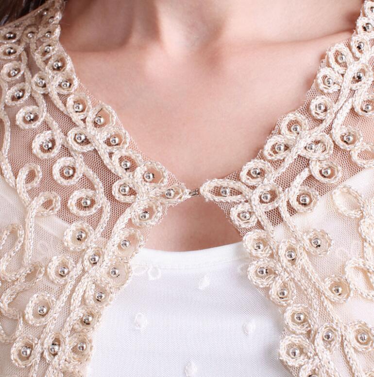 Frauen Grundlegende Mantel Stickerei Band Perlen Verschönert Kurzarm Strickjacke Sehen-Durch schier Spitze Gittergewebe Bolero oben Jacke