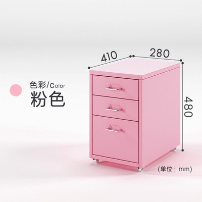 3 Drawer Steel Pedestal Filing Storage Cabinet With Wheels: Pink