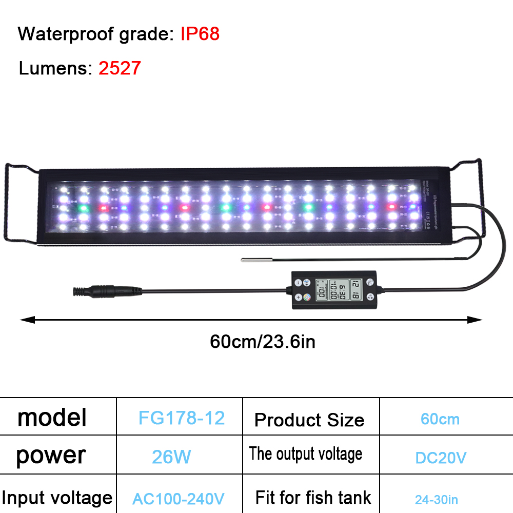 Luz LED de iluminación de espectro completo para acuario, 30-60cm, 24/7, con termómetro y función de memoria, lámpara para plantas y peceras, IP68, 100V-240V: Verde / Enchufe estadounidense