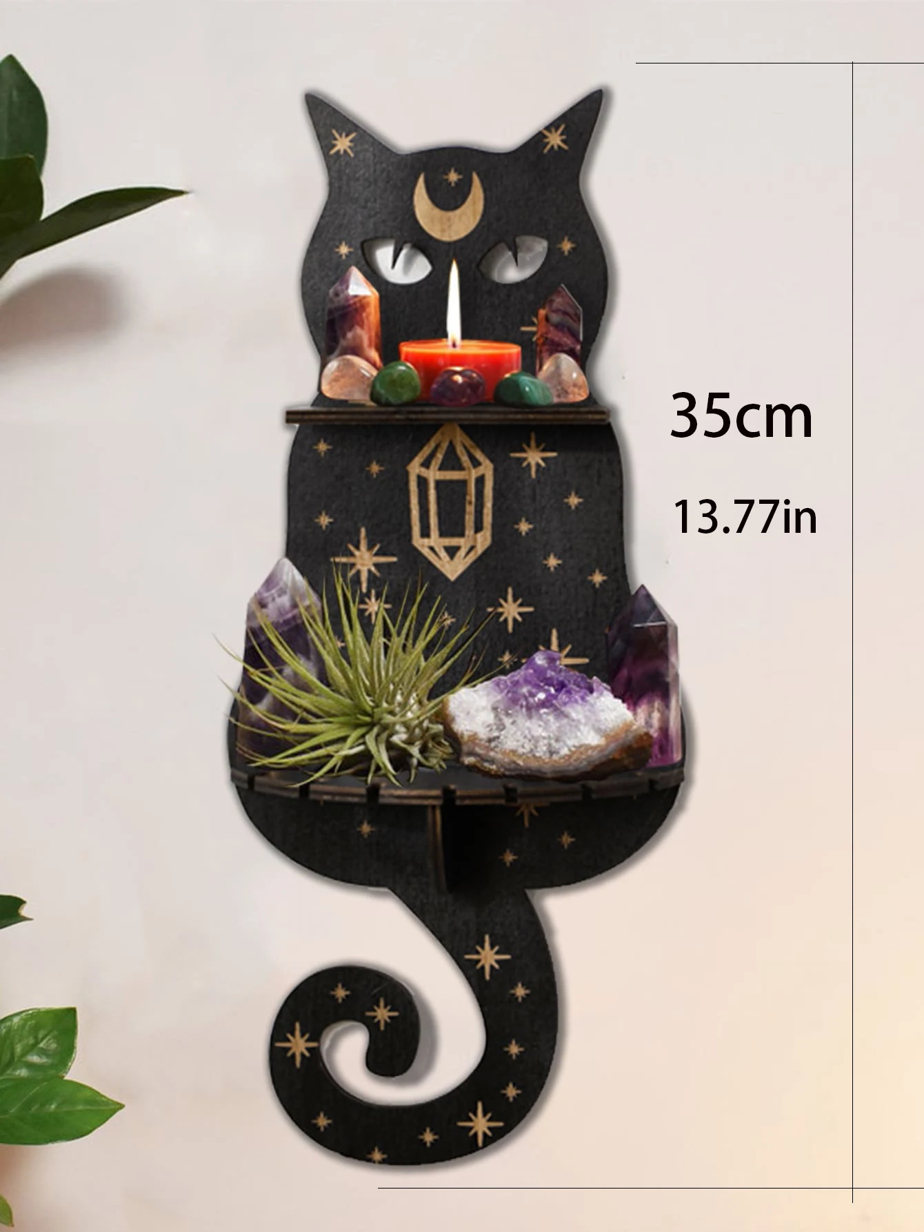 Black Cat Wooden Shelf Moon Phase Floating Shelf Chakra Crystal Holder Stone Display Stand Wall Decor Witchy Home Decorations