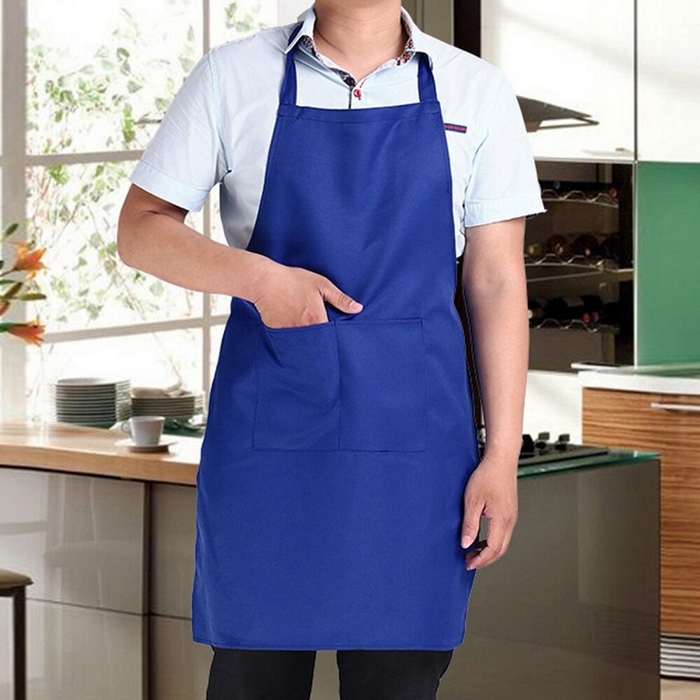 Pure Color Kitchen Apron Cooking Thicken Household Cleaning Antifouling Chef Apron Polyester Double Pocket For Men Women