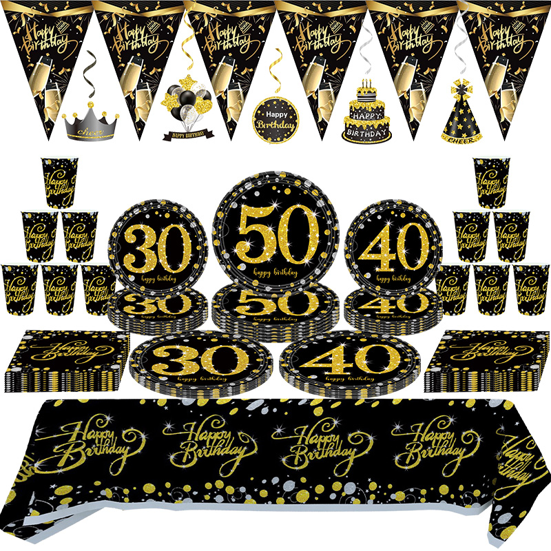 30th 40th 50th bursdagsfestpynt for menn og kvinner svart og gull festutstyr sett servise tallerkener kopper servietter duk