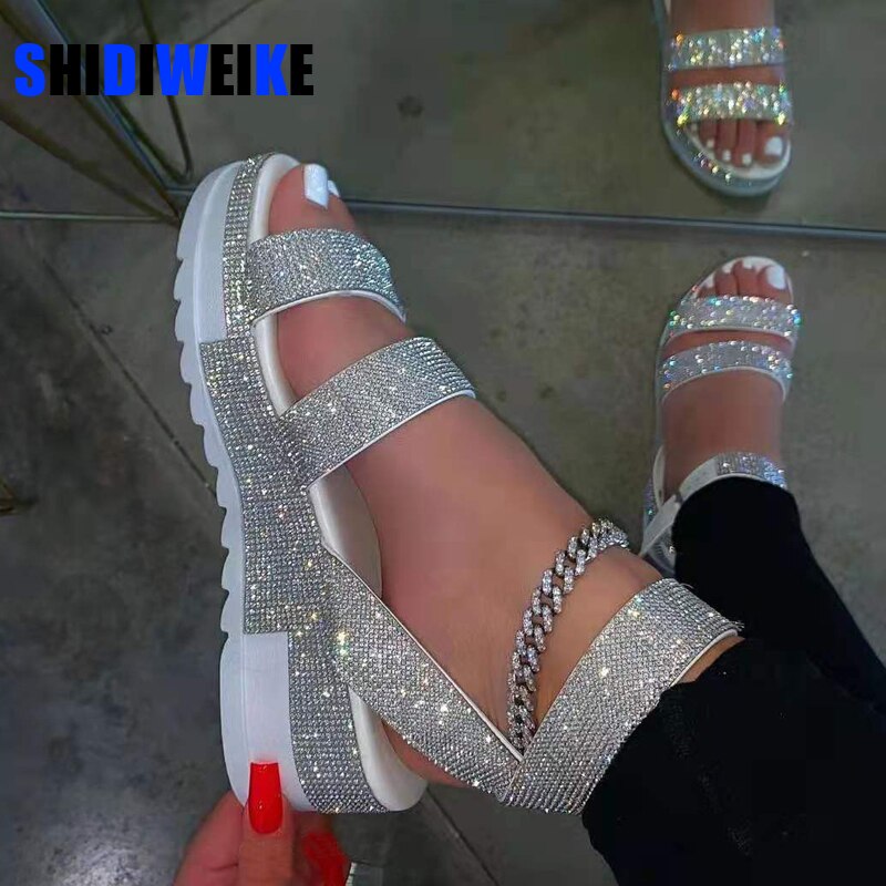 Shiny Rhinestone Platform Bling Beach Sole Ankle Strap Women Sandals Ladies Sports Style Wedges Casual Shoes Big Size 43 AC775