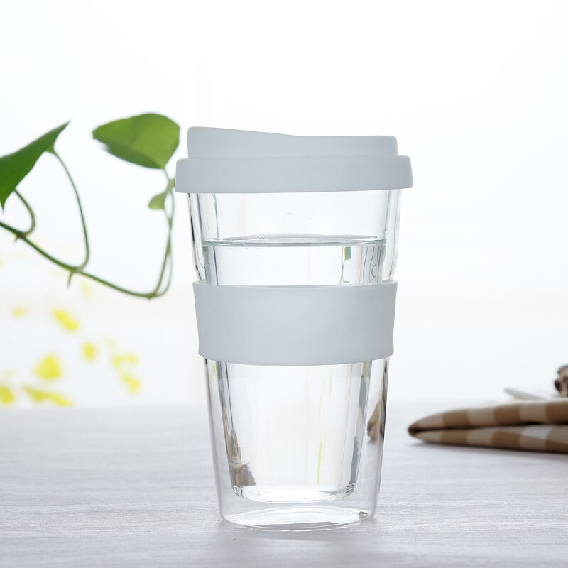 400ml genomskinliga kaffekoppar med silikonöverdrag tjockt dubbelglas resekaffemugg resemugg med lock modern: Vit