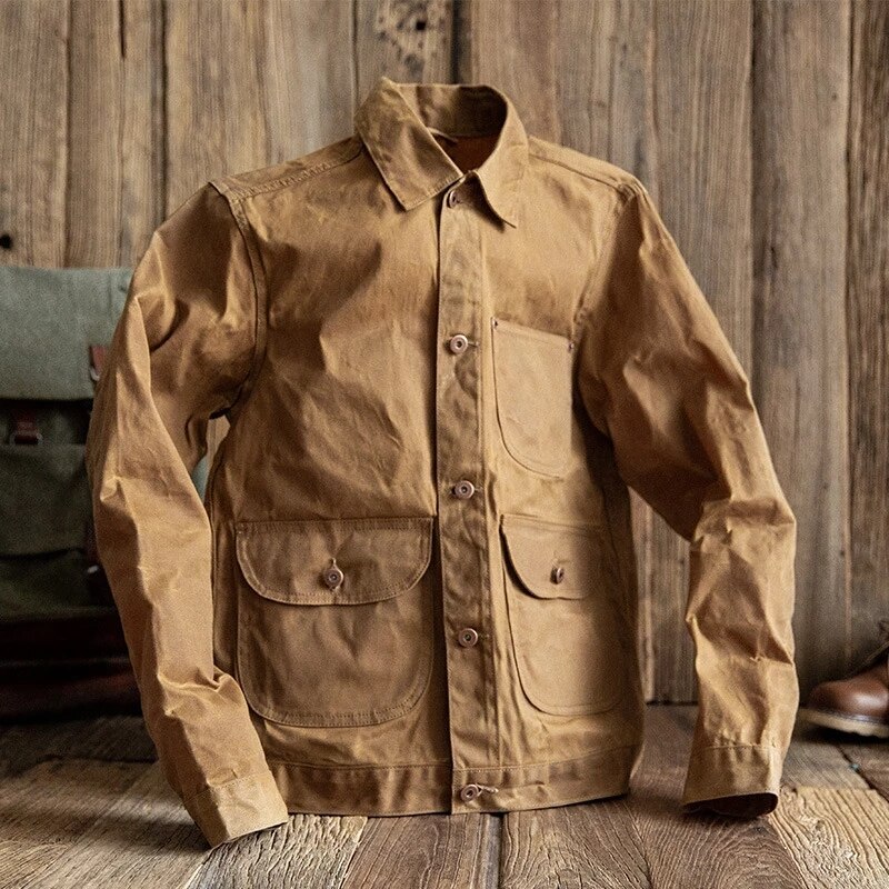Maden-chaquetas de lona con cera al óleo para hombre, chaqueta Retro de color caqui con múltiples bolsillos, con cuentas, Ami Kaji, con bolsillo grande, ropa Vintage sólida
