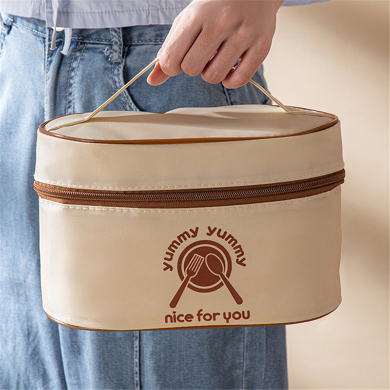 Portable Beige Thermal Lunch Box Bag Round Barrel Insulated Cooler Pouch Bento Food Storage Bags for Kids Meal Dinner Container