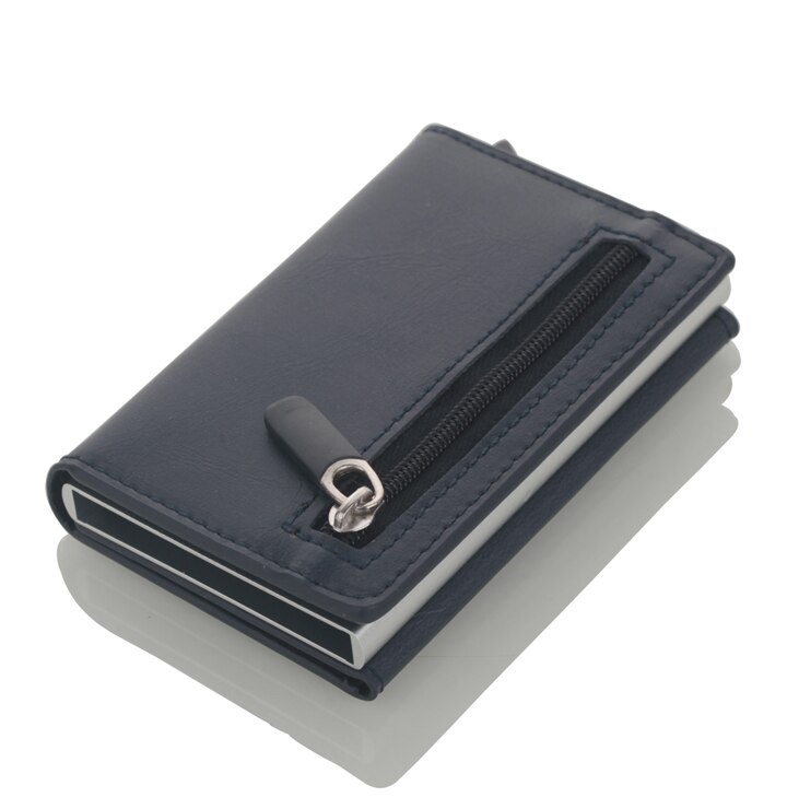 Porta tarjetas de crédito antirrobo para hombre, billetera de cuero Rfid con bloqueo, tarjetero metálico de aluminio Unisex con información de seguridad: Blue