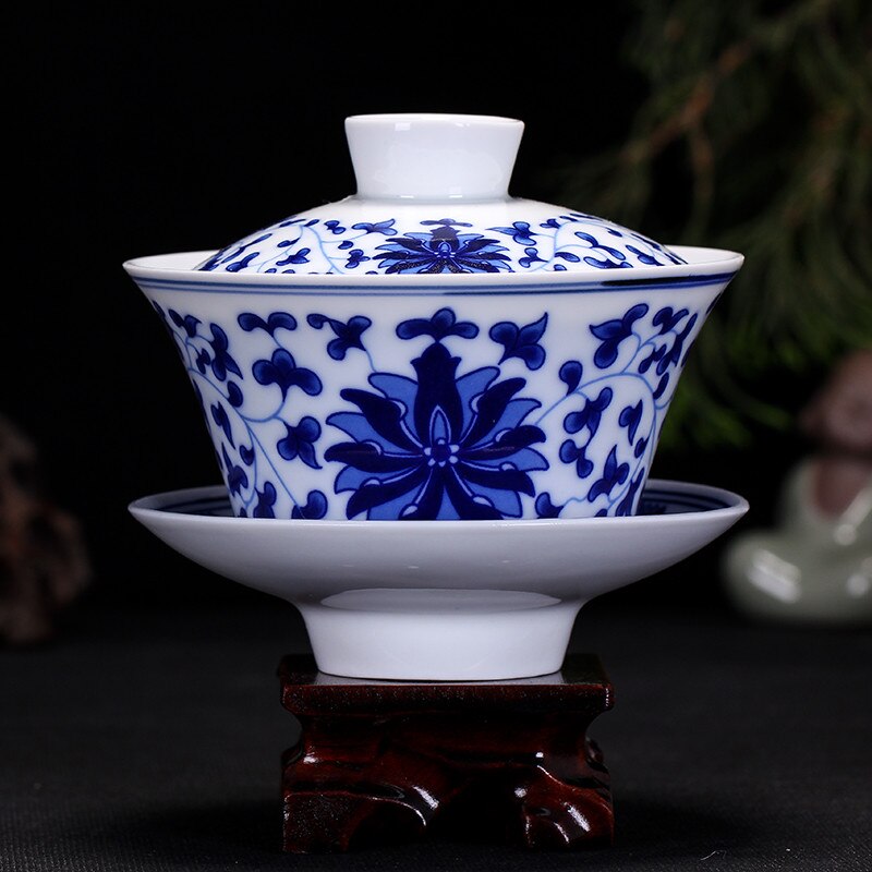 Kung fu te ceremoni 230ml drager gaiwan kinesisk blå og hvid porcelæn te kop og underkop sæt: C