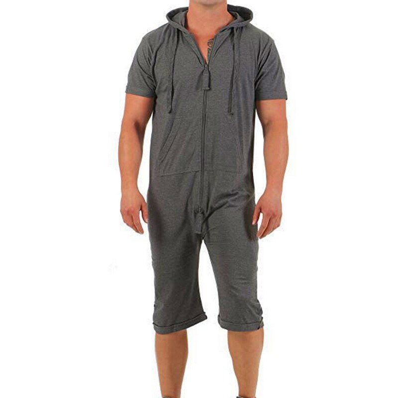 hommes combinaison une-pièce vêtement pyjama homme combishort été fermeture éclair manches courtes onesie mâle combinaison Streetwear salopette: Drak Gray / M