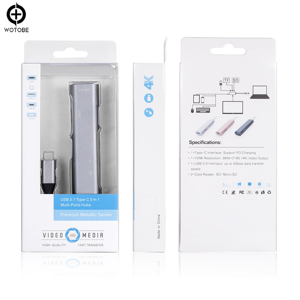 Usb C Type-C Hub Extension Dock Hdmi 4K Sd/Tf Card Usb 3.1 5Gbps 5-In-1 Kaartlezer Multifunctionele Converter