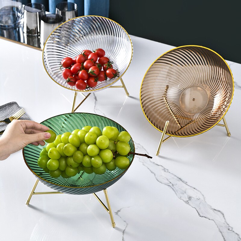 Cuencos de plástico para servir frutas, Bol redondo transparente para ensalada, plato de aperitivos con borde dorado, con estante de Metal, contenedor de comida para