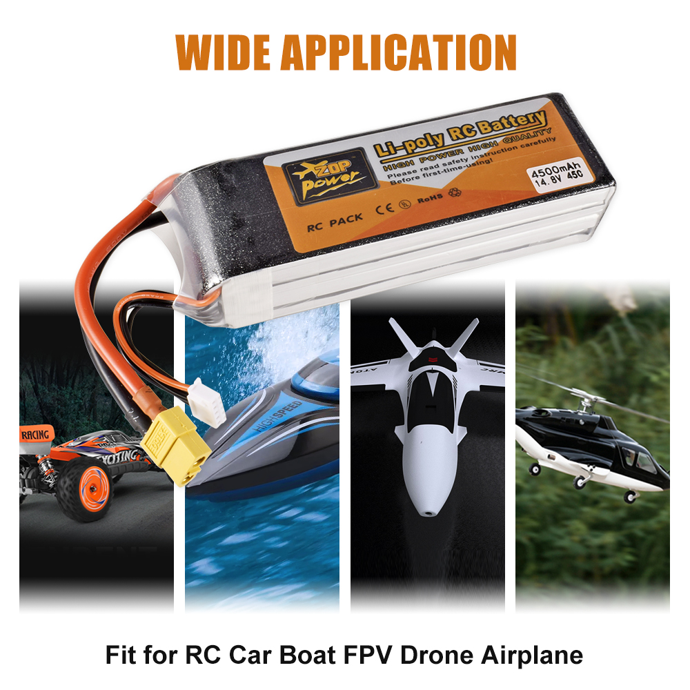 Batterie Lipo pour Voiture et Bateau RC, 4S, 14.8V, 1800-6000mAh, 30C, 45C, avec compte 60 T