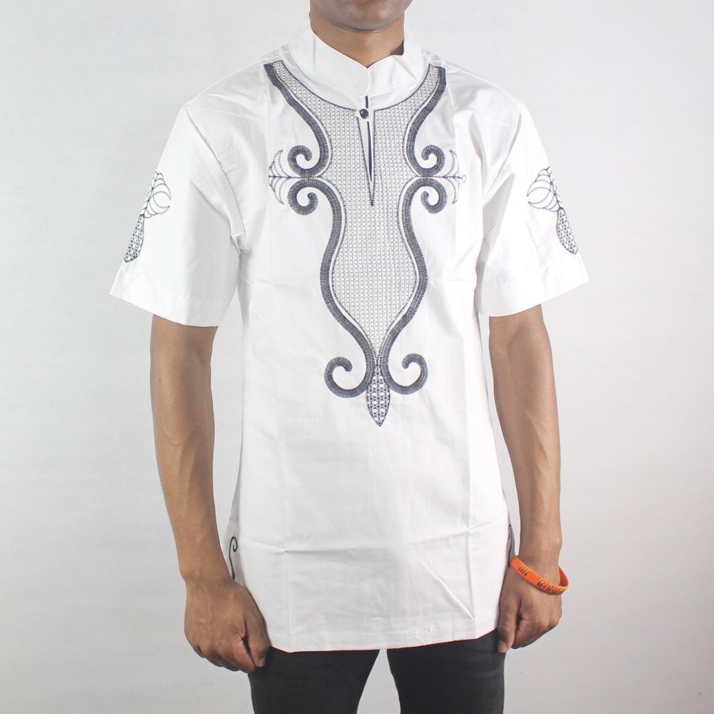 Weiß Glück Stickerei männer Ethnische Tops Kragen Kurzarm Muslimischen Shirts für Männliche Sommer Tragen Футболка мужская