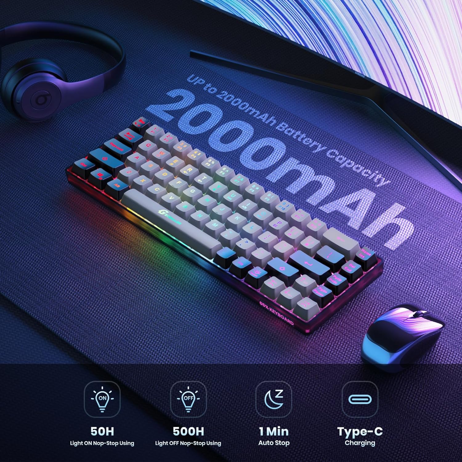 65%  trådløse gamingtastaturer genopladelige baggrundsbelyste gamingtastaturer ultrakompakt anti-ghosting konfliktfrit tastatur til pc bærbar computer