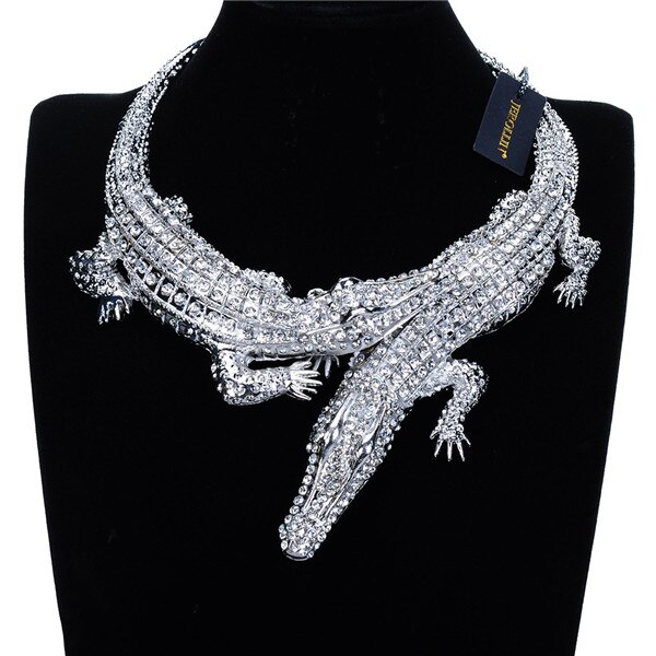 Jerollin stora två krokodiler halsband inlägg hel strass kvinnor stor choker legering uttalande smycken haklapp maxi halsband: N0012302