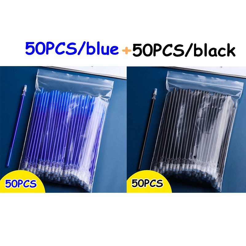 100 stk./sæt sletbar gel pen 0.5mm sletbar pen refill stang blå sort blæk vaskbart håndtag til skole papirvarer kontor skrivning: 50 blå og 50 sorte