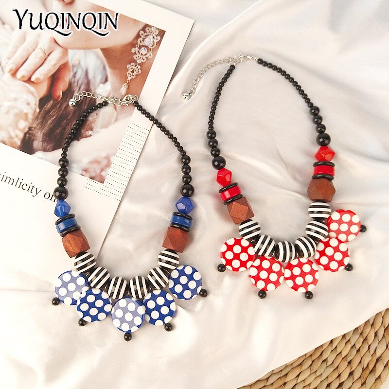 Trendy Resin Wood Necklaces With Circle Pendant for Women Round Geometric Acrylic Beaded Chains Jewelry Necklace