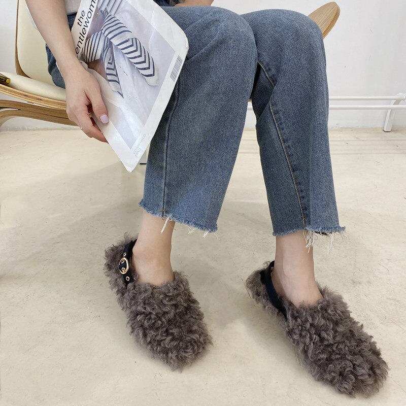 Koreaanse Schoenen Instappers Bont Ronde Neus Herfst Vrouwen Mocassins Casual Vrouwelijke Sneakers Flats Winter Herfst Jurk Muilezels