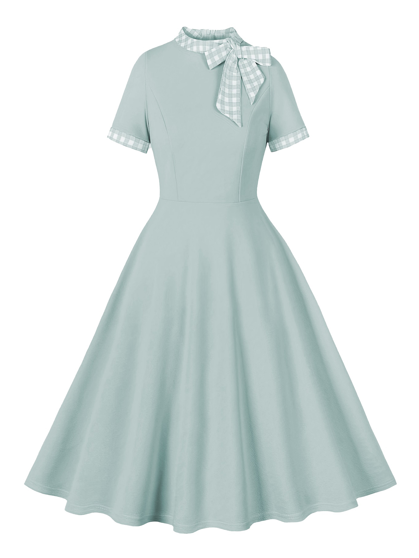 Tonval Contrast Plaid Tie Neck 1950s Dresses Birthday Women Gorgeous Clothes Summer A-Line Flare Dress: S / green