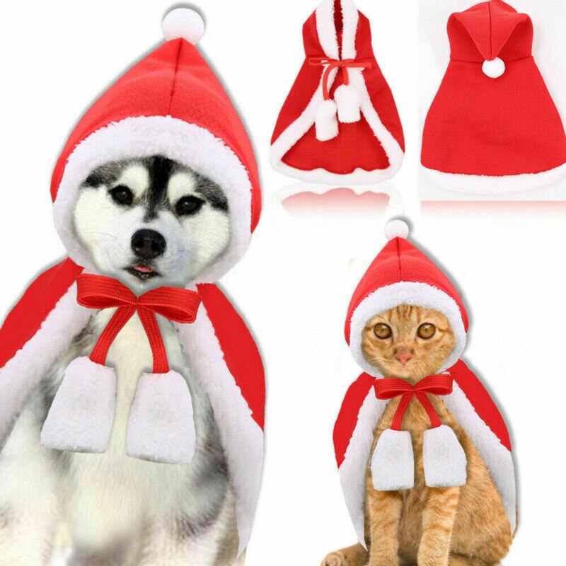 Pet Dog Cat Christmas Santa Hat Cloak Cape Puppy Velvet Xmas Warm Costume Outfit