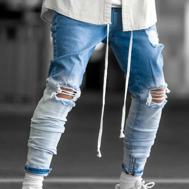 Vicabo herrebukser stretch lange jeans plus størrelse 3xl sorte herre gradient bukser med revet hul herre blå denimbukser