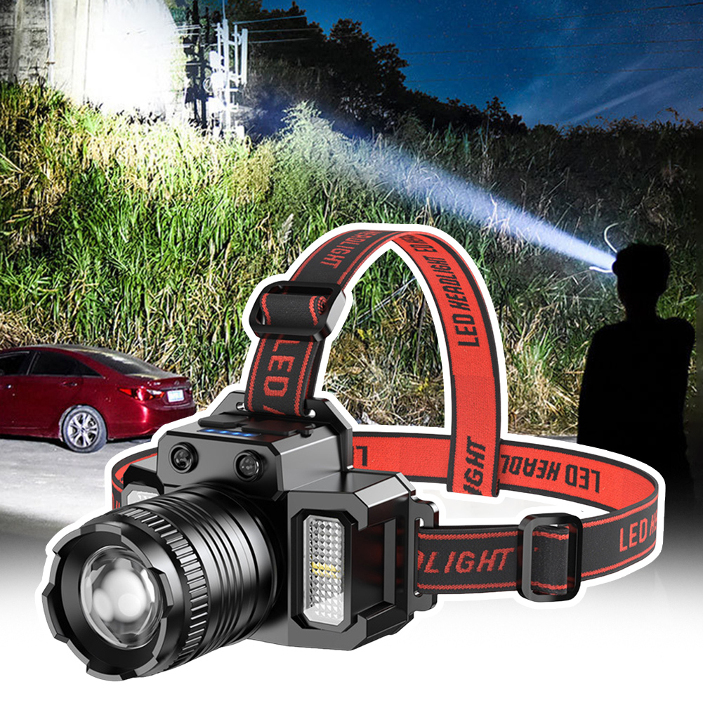 Genopladelig pandelampe 1500 mah super lys lommelygte  t51 induktions led-pandelampe vandtæt camping mobil powerbank blinkende