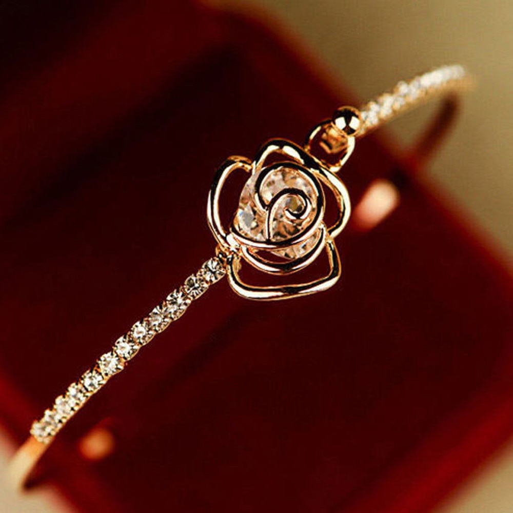 Pulseira de metal da menina de ouro elegante feminino cristal rosa flor pulseira pulseira de punho jóias para o dia dos namorados pulseras: Default Title