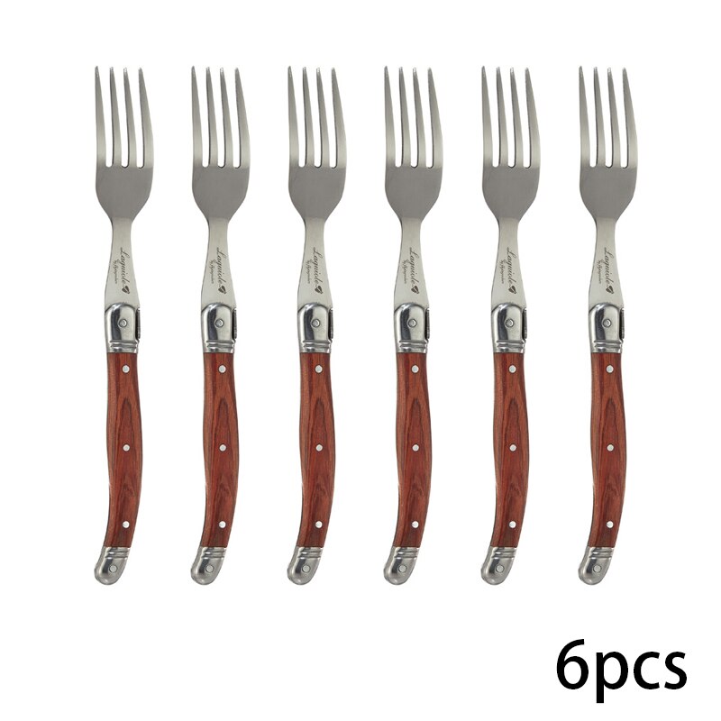 6Pcs Laguiole Steak Messen Vork Set Rvs Japanse Bestek Hout Diner Mes En Vorken Houten Handvat Servies Sets: 6pcs Steak Forks