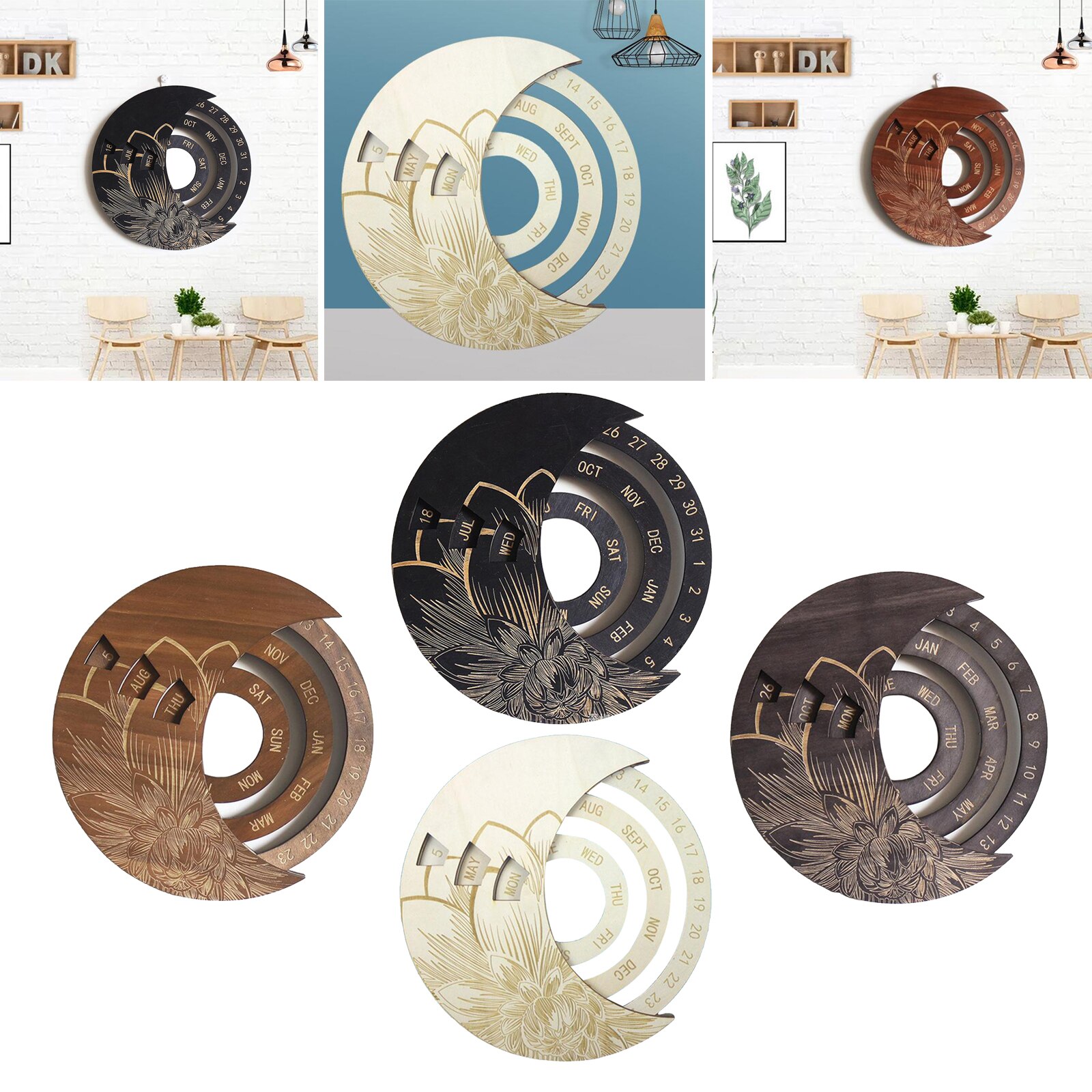 Round Moon Wooden Perpetual Calendar Wall Hanging Sign Craft Home Ornaments