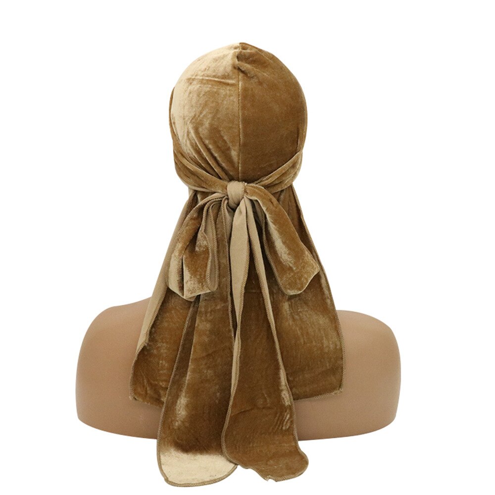 Durag en velours pour hommes et femmes, chapeaux Bandana, solide, enveloppe de tête, extensible, longue queue, chapeaux de Pirate Jordan, Turban Du chiffon: brown
