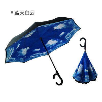 Paraguas para hombre y mujer, sombrilla con mango en C, a prueba de viento, Anti UV invertida, para sol y lluvia: blue cloud