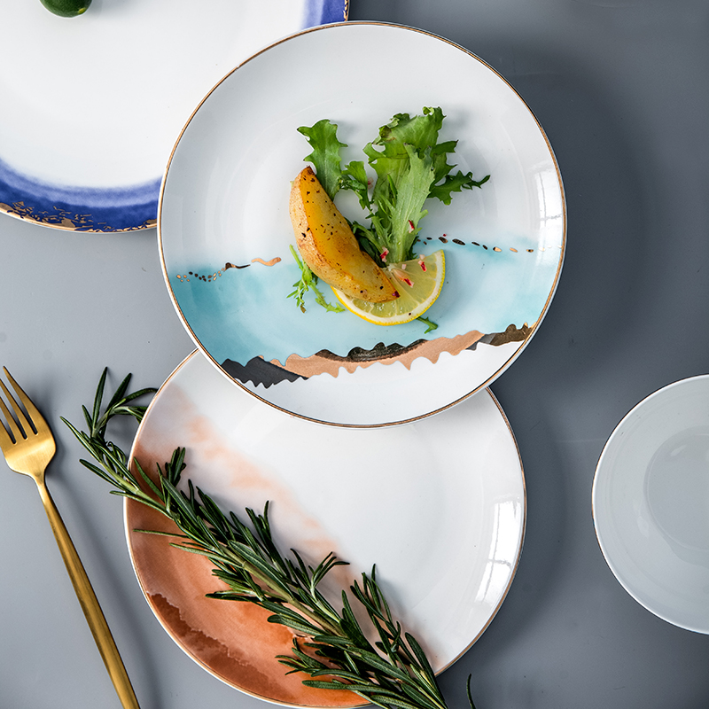 Assiette en céramique dorée vaisselle décoration de la maison assiette en porcelaine plat gâteau pâtisserie assiette à gâteau de fruits bol à soupe de riz tasse à thé