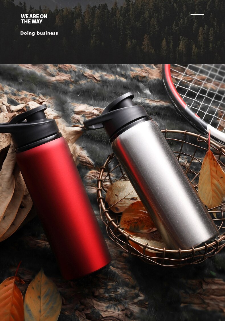 Sport vandflaske, kop i rustfrit stål, bærbar lækagesikker rejse udendørs direkte drikkeligt foldbart låg med håndtag
