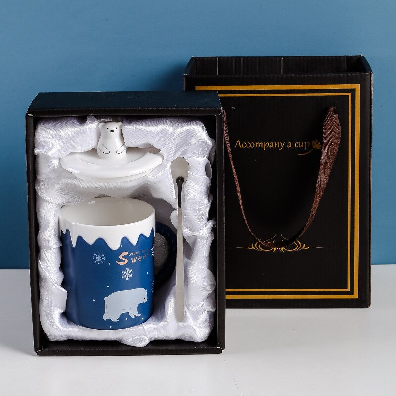 Leuke Ijsbeer Keramische Mok Met Deksel Lepel Koffie Cups Drinkware Koffie Thee Kopjes Student Melk Cup: A with gift box