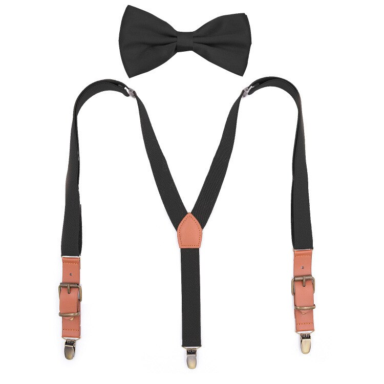 Ensemble de bretelles en cuir PU unisexe, Vintage, avec nœud papillon, ajustable, accessoires pour pantalons: black