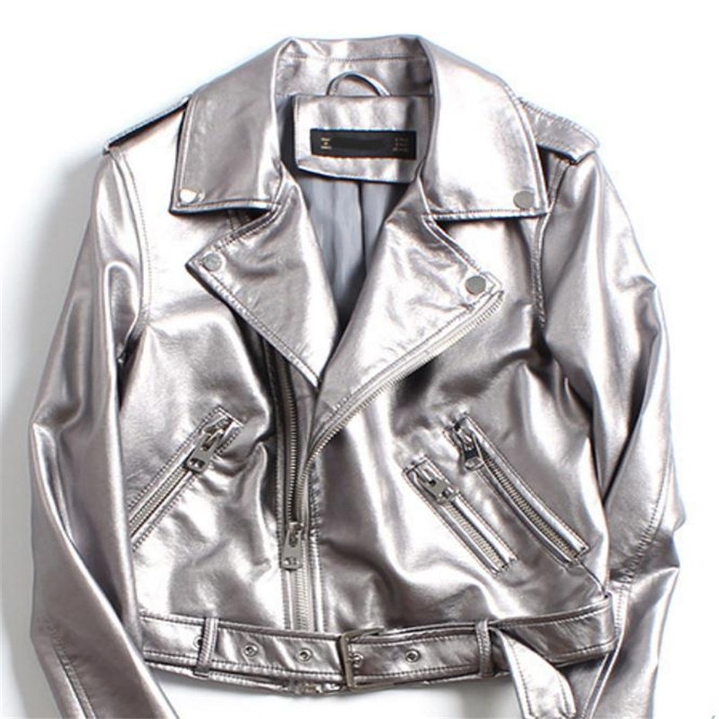 European Station Silver Female Pu Washing Machine Leather Jacket Coats Autumn Winter Belt Leather Jacket White Gold Color