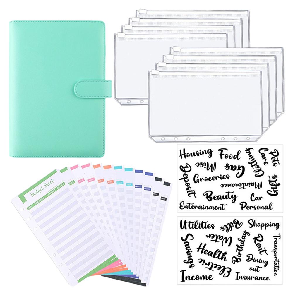 A6 Binder Zipper Bag Notebook Leather PU Loose-leaf Book Budget Handbook With Zipper Pocket Expense Budget Sheets Letter Sticker: Green