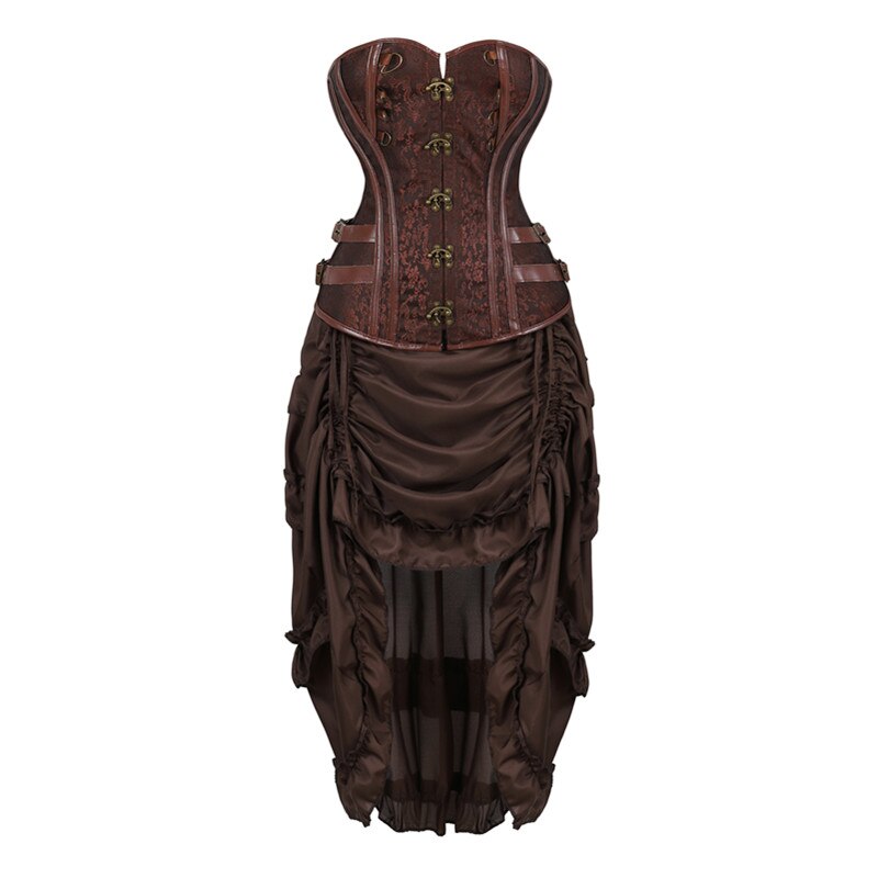Kvinner brunt korsett skjørt steampunk klær årgang halloween pirat kostyme gotisk lær korsett skjørt sett pluss størrelse korsett: S