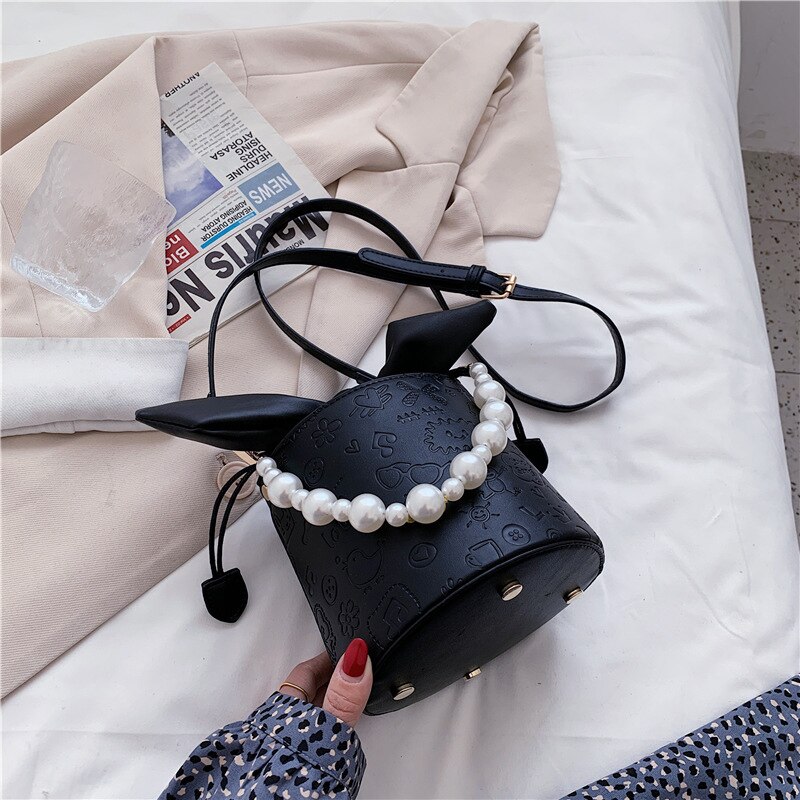 THREEPEAS PU Leather Shoulder Bucket Bag Women Girls Purses and Handbags Pearl Female Shoppers