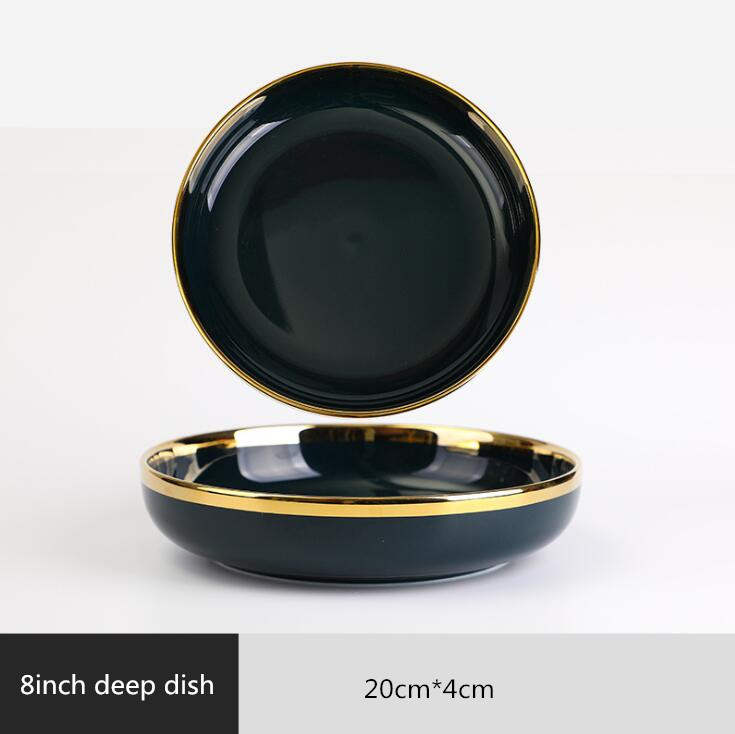 Gilt Rim Dark green Plate Steak Food Nordic Style Tableware Bowl Ins Dinner Dish High End Porcelain Dinnerware Set: 8 inch deep dish