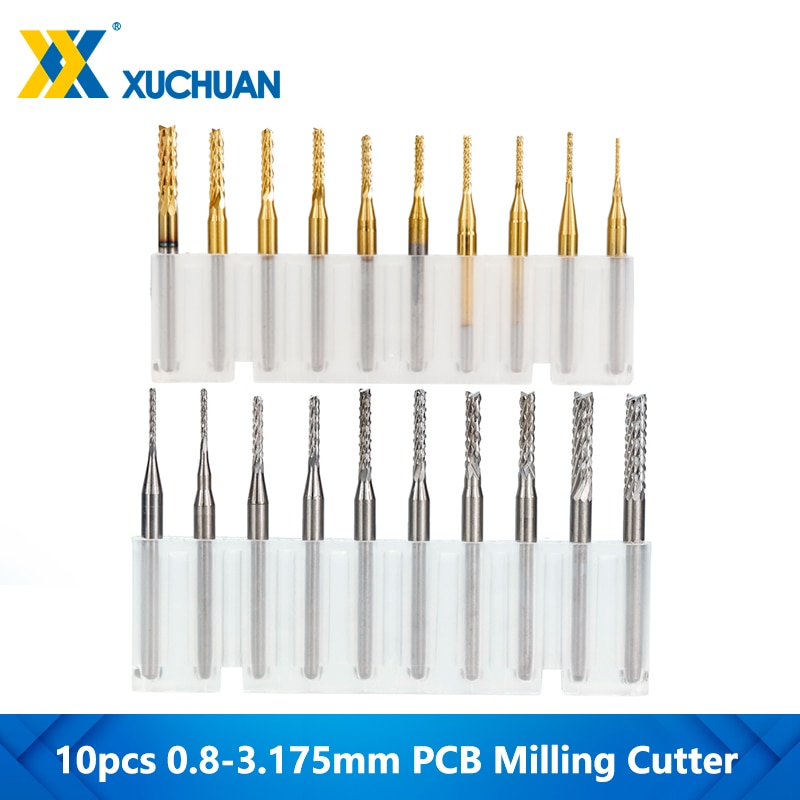 10 stk 0.8-3.175mm pcb fræser titaniumbelagt cnc router bit sæt hårdmetal ende fræse cnc endefræser