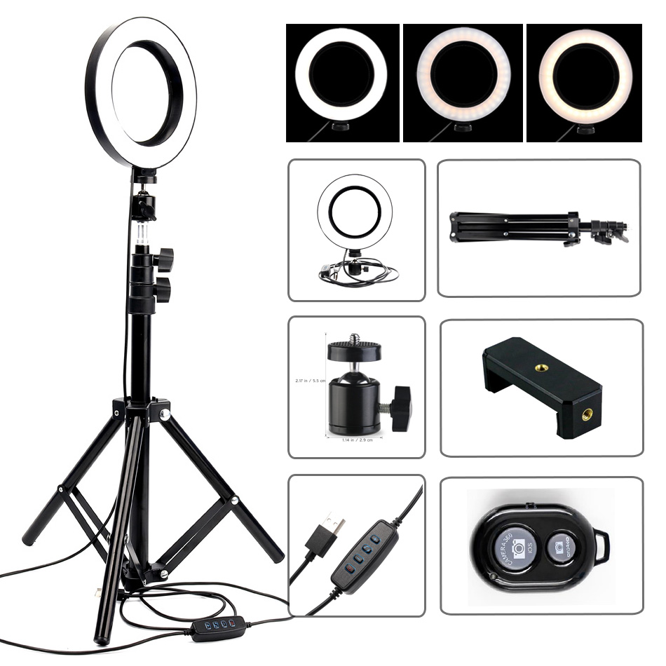 Dimmable LED Ring Light Selfie Ring Lamp Photographic Lighting with Tripod Moblie Phone Clamp Beauty fill light