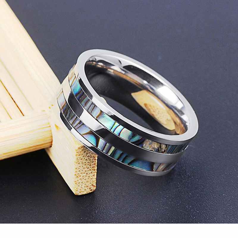 316l aço inoxidável masculino anel 8mm senhoras abalone escudo anel de casamento de carboneto de tungstênio masculino anel de casamento