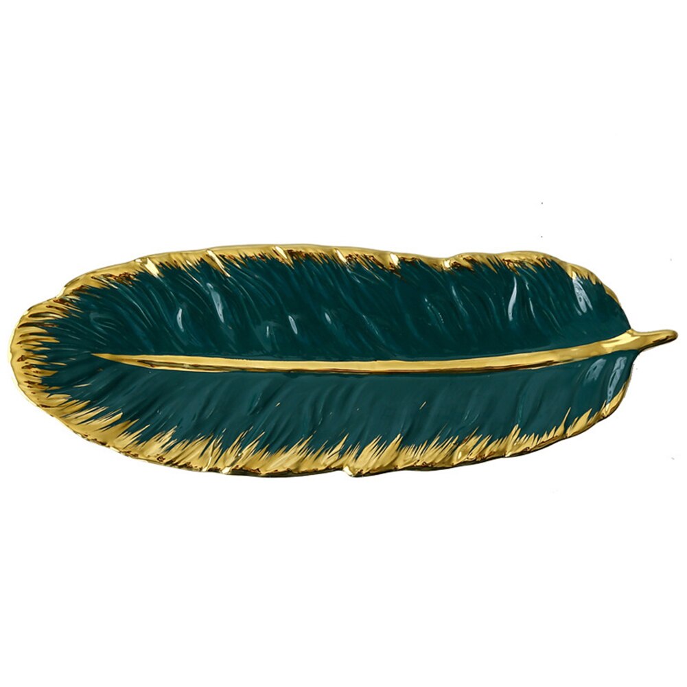 Gold-Plated Ceramic Tray Dark Green Feather Banana Leaf Shape Plate Snack Storage Tray