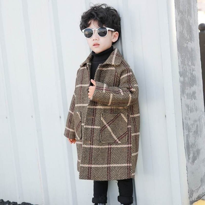 Abrigo de lana para niños, chaqueta gruesa a cuadros para otoño e invierno, abrigo largo de lana de un solo pecho